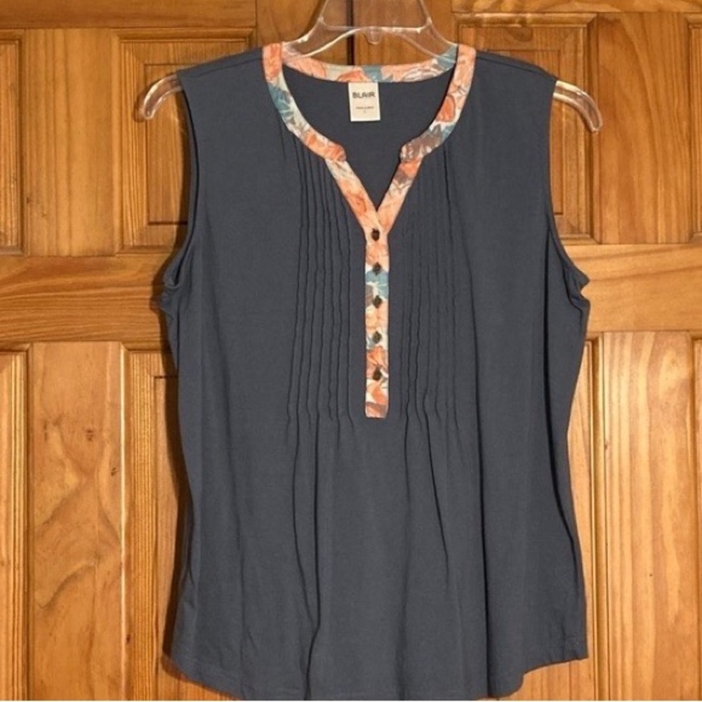 Blair Navy Sleeveless Blouse with Floral Accent